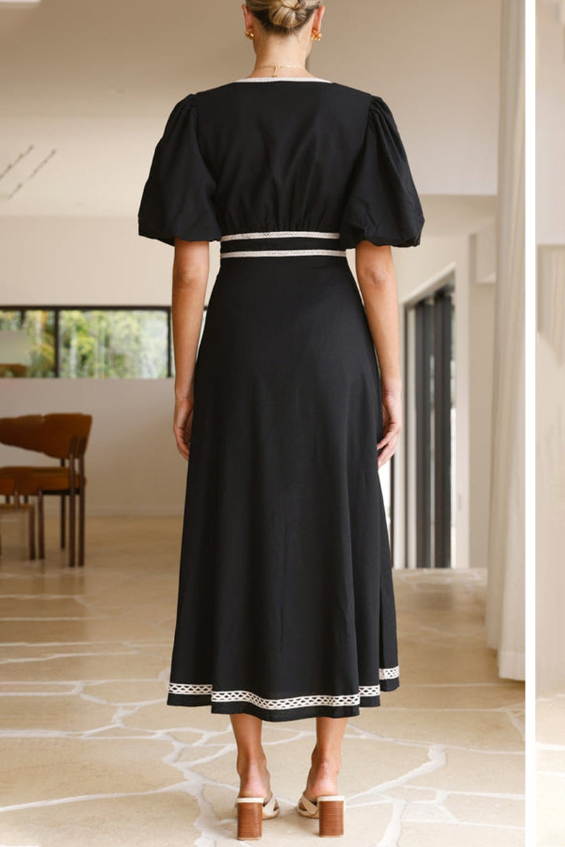 Vestido sexy de patchwork con escote en V y manga corta en A