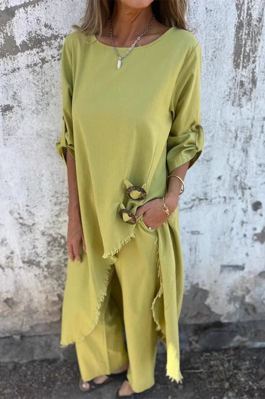 Conjunto informal de dos piezas con cuello redondo irregular, manga larga y bolsillos desgastados (6 colores)