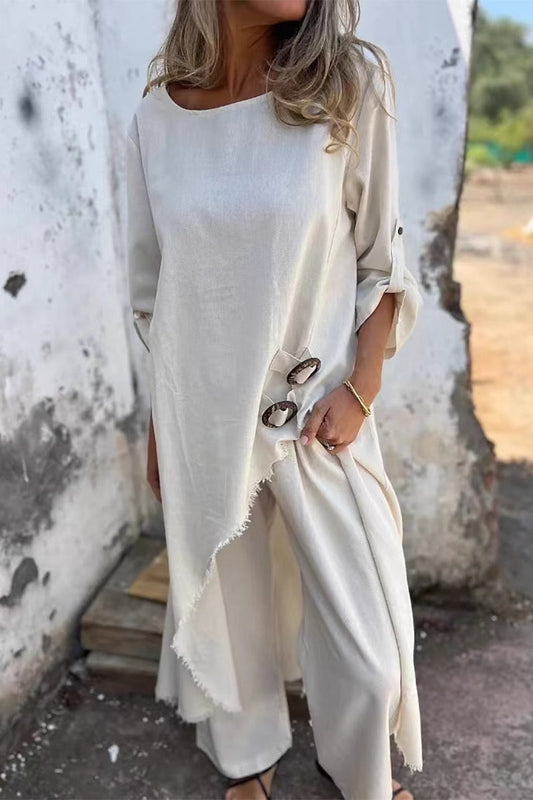 Conjunto informal de dos piezas con cuello redondo irregular, manga larga y bolsillos desgastados (6 colores)