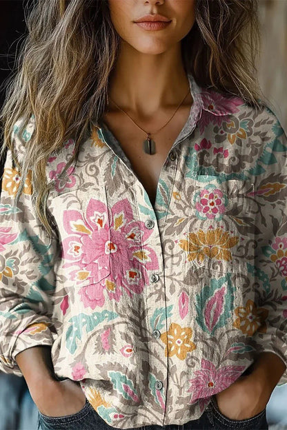 Blusas casuales con cuello vuelto y estampado floral en contraste (6 colores)