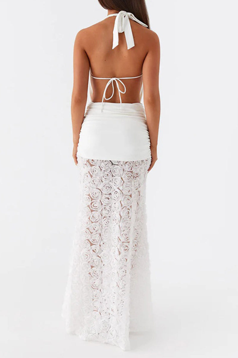 Vestidos largos con cuello halter, espalda descubierta y encaje con flores sexys