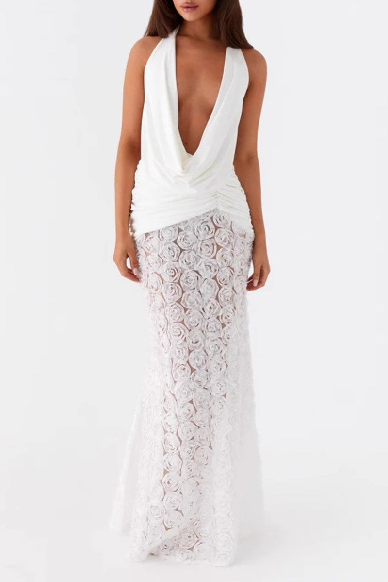 Vestidos largos con cuello halter, espalda descubierta y encaje con flores sexys