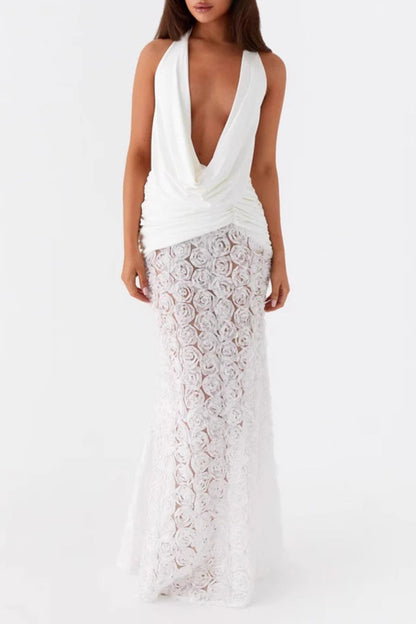 Vestidos largos con cuello halter, espalda descubierta y encaje con flores sexys