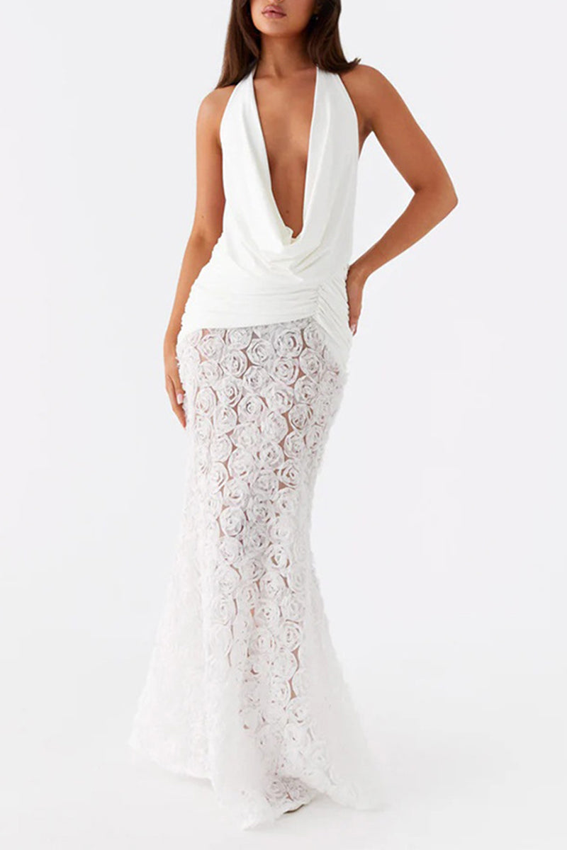 Vestidos largos con cuello halter, espalda descubierta y encaje con flores sexys