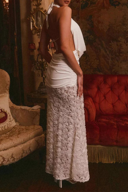 Vestidos largos con cuello halter, espalda descubierta y encaje con flores sexys