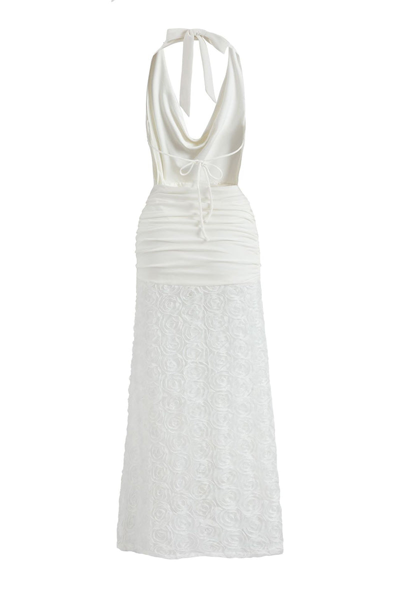 Vestidos largos con cuello halter, espalda descubierta y encaje con flores sexys