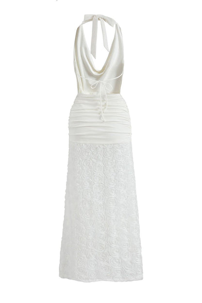 Vestidos largos con cuello halter, espalda descubierta y encaje con flores sexys