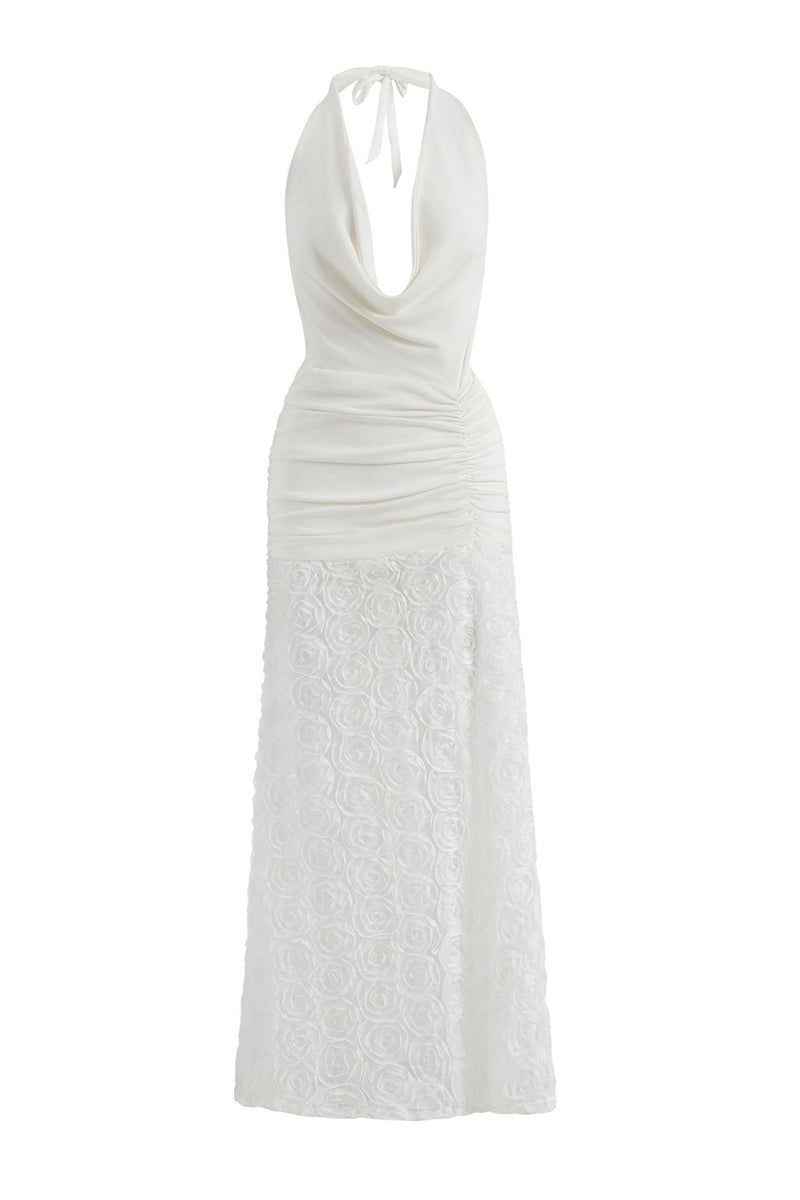 Vestidos largos con cuello halter, espalda descubierta y encaje con flores sexys