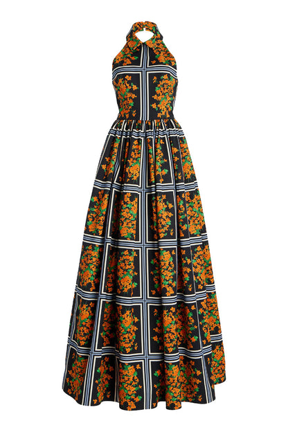 Elegante vestido de falda de un solo paso con halter y contraste con estampado floral