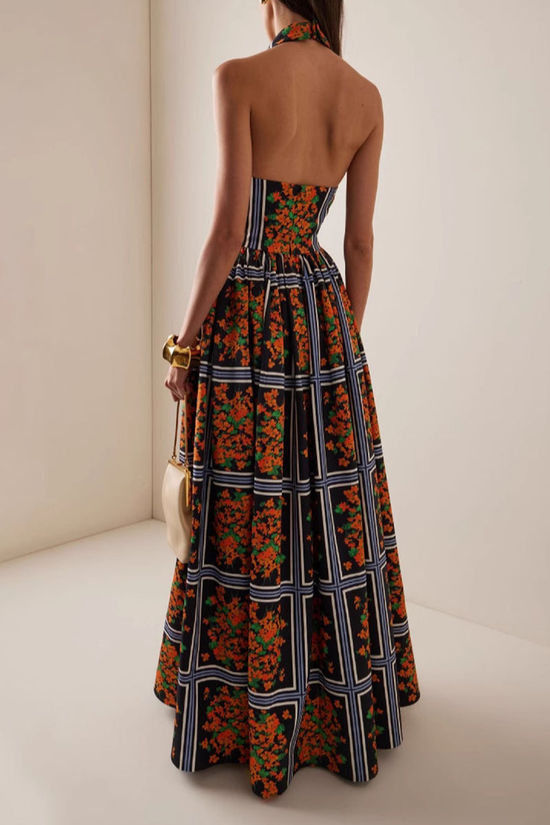 Elegante vestido de falda de un solo paso con halter y contraste con estampado floral