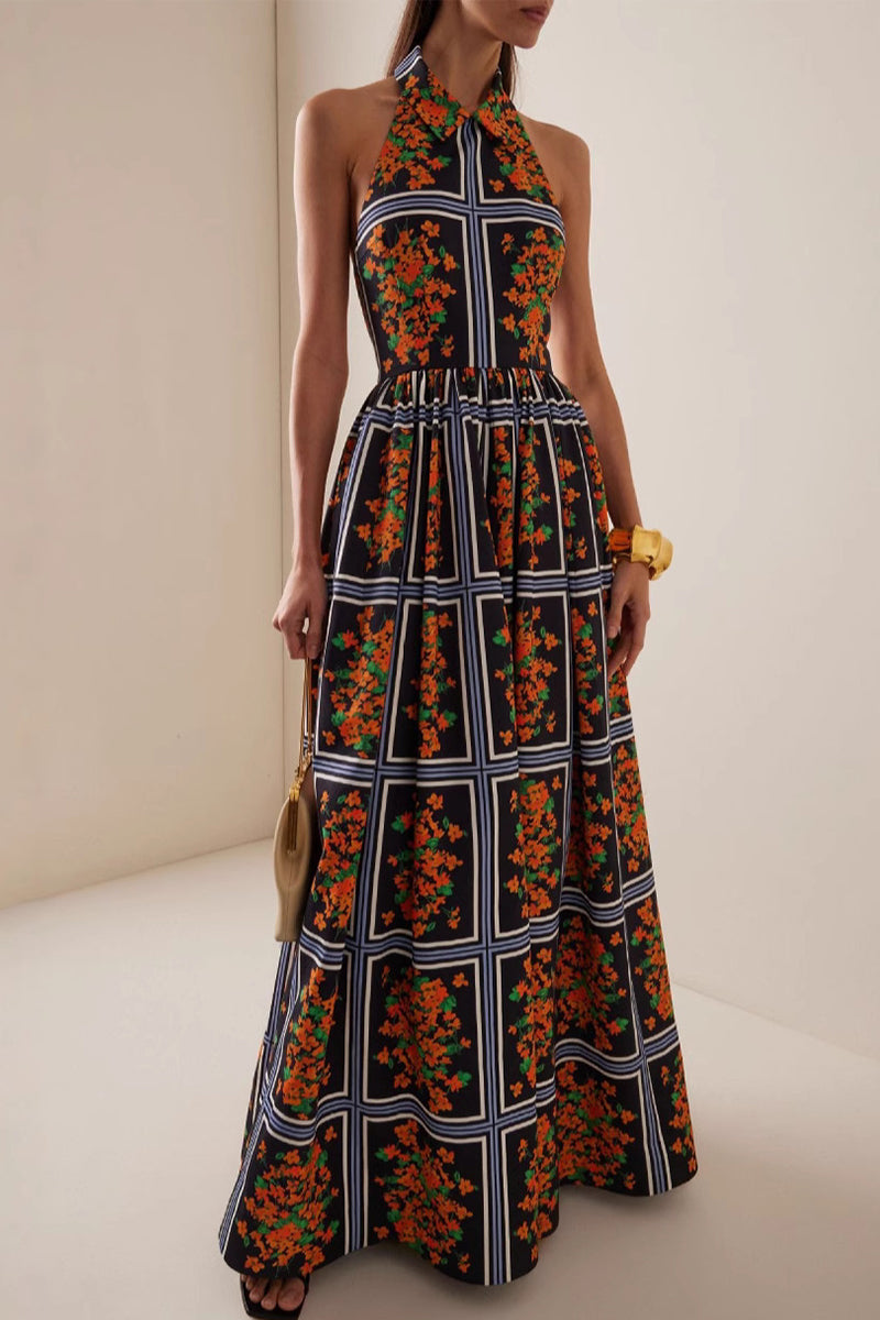 Elegante vestido de falda de un solo paso con halter y contraste con estampado floral
