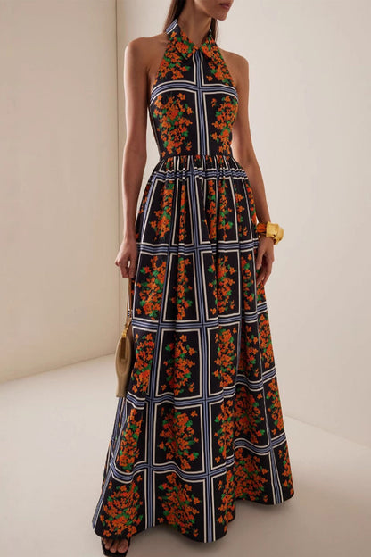 Elegante vestido de falda de un solo paso con halter y contraste con estampado floral