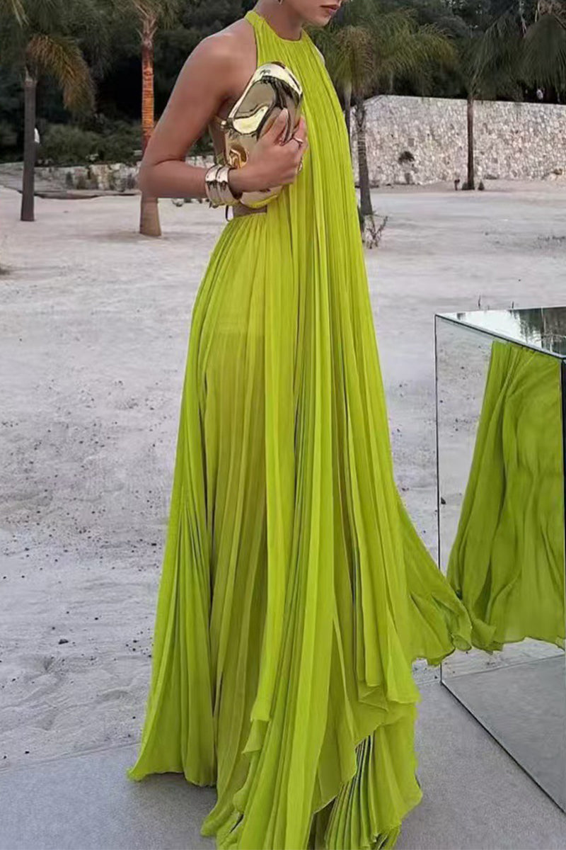 Traje de baño de dos piezas sexy sin espalda, plisado, con abertura y cuello halter, sin mangas