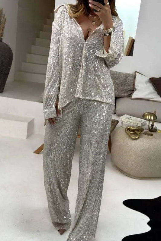 Conjunto informal de dos piezas con lentejuelas y cuello vuelto, manga larga