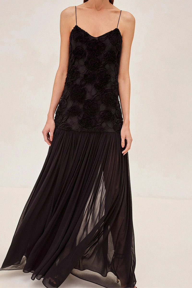Elegantes vestidos largos con escote en V y forma de flor