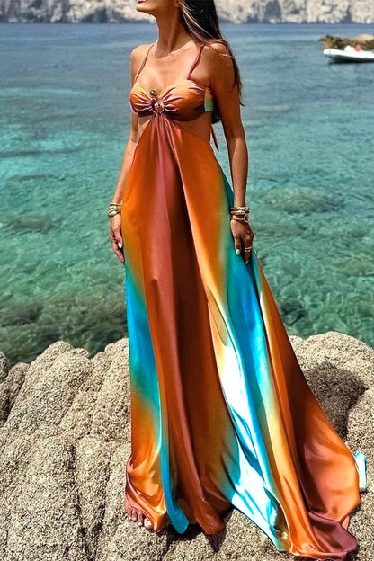 Vestidos largos sexis con escote en V, encaje y contraste con estampado degradado