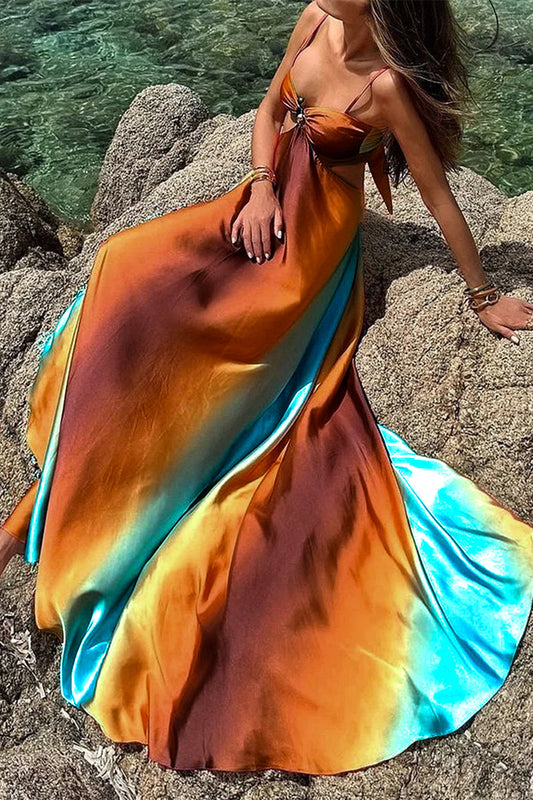 Vestidos largos sexis con escote en V, encaje y contraste con estampado degradado