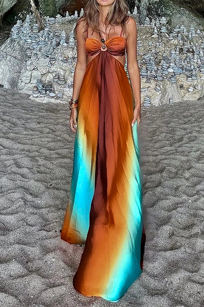 Vestidos largos sexis con escote en V, encaje y contraste con estampado degradado