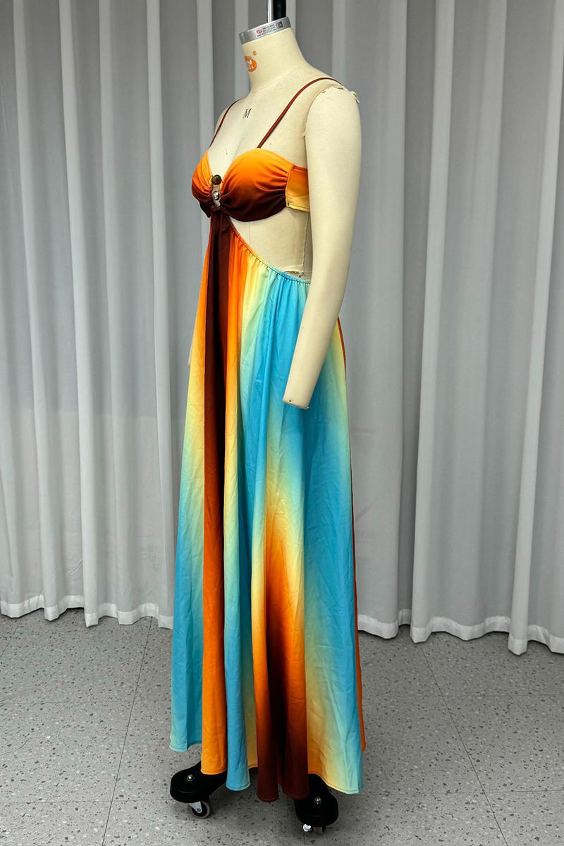 Vestidos largos sexis con escote en V, encaje y contraste con estampado degradado
