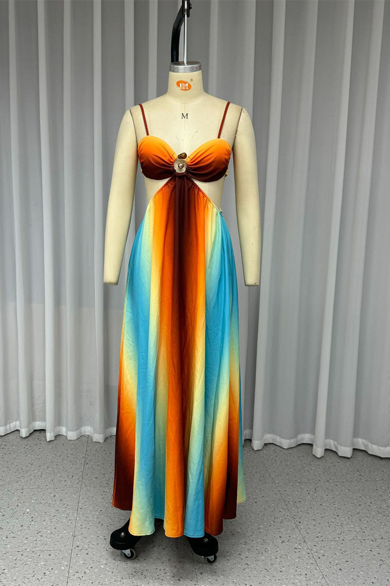 Vestidos largos sexis con escote en V, encaje y contraste con estampado degradado
