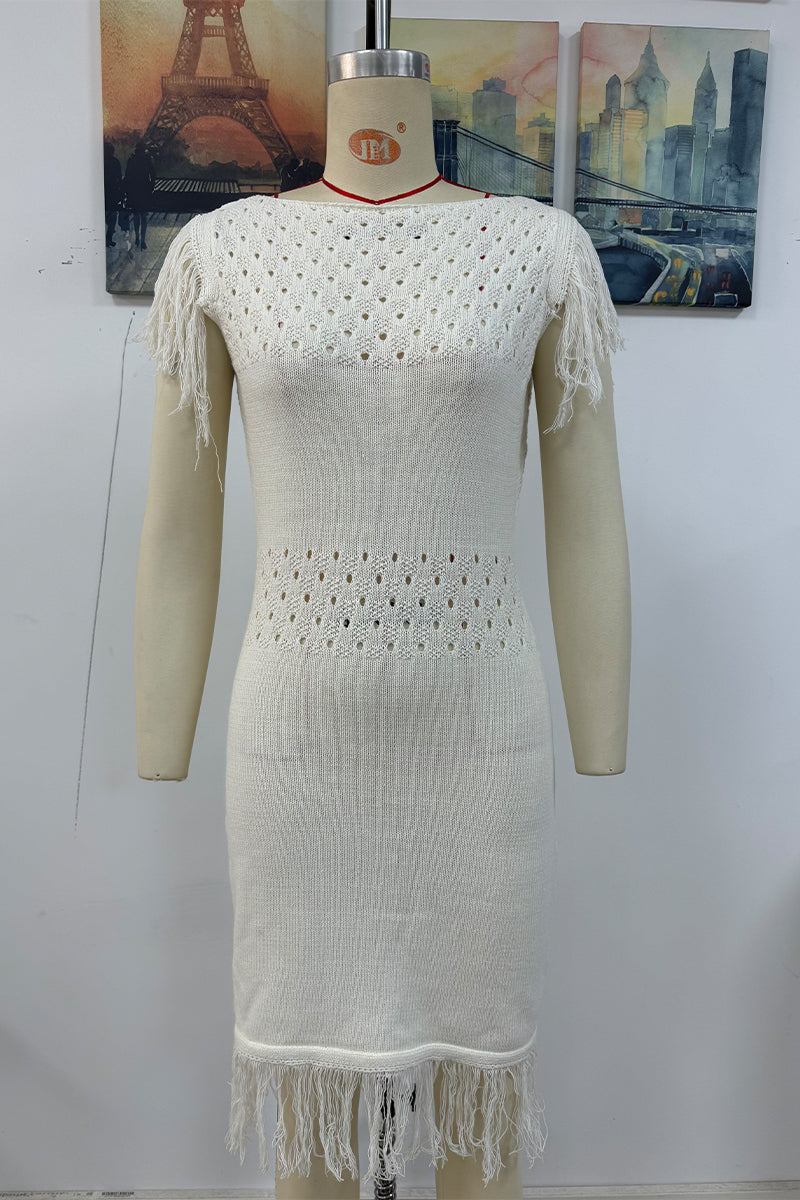 Vestido informal tipo suéter con borlas y cuello redondo y aberturas