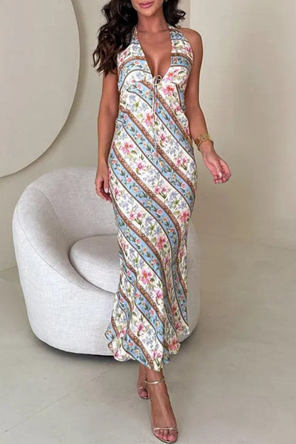 Vestido sexy de un solo paso con falda halter, contraste, espalda descubierta y estampado floral con cordones