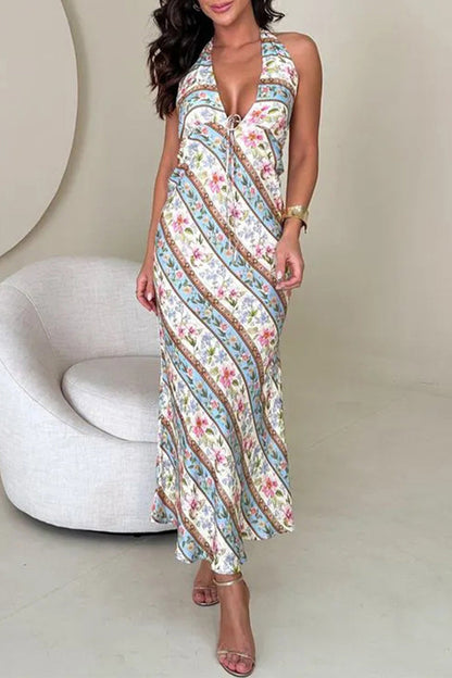 Vestido sexy de un solo paso con falda halter, contraste, espalda descubierta y estampado floral con cordones
