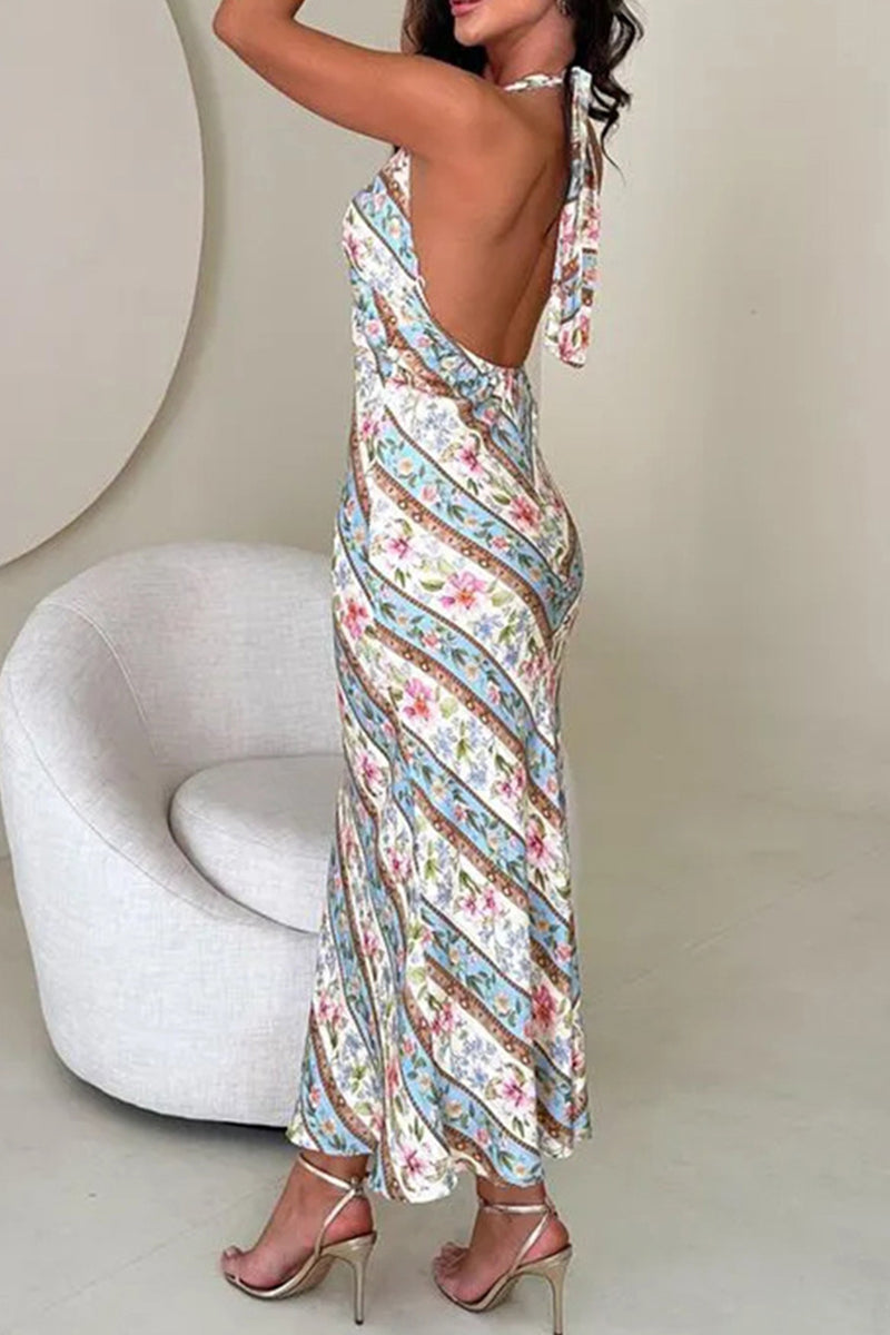 Vestido sexy de un solo paso con falda halter, contraste, espalda descubierta y estampado floral con cordones