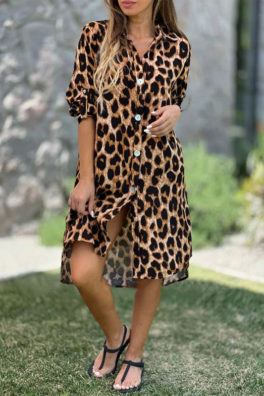 Vestidos casuales de manga larga con cuello vuelto y botones de leopardo