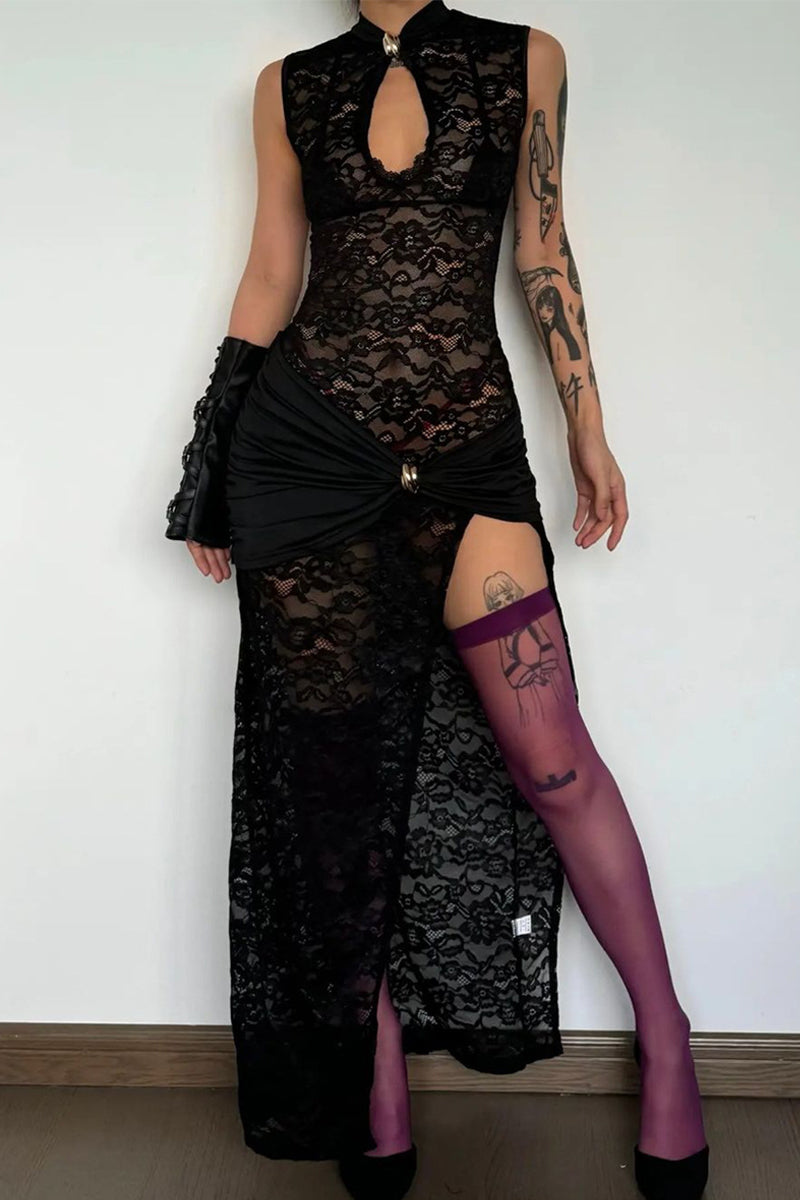 Vestidos sexis de encaje con abertura y cuello redondo, falda de un solo paso