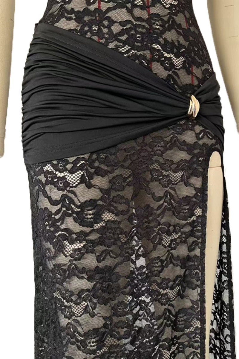 Vestidos sexis de encaje con abertura y cuello redondo, falda de un solo paso