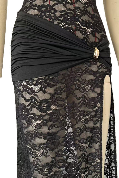 Vestidos sexis de encaje con abertura y cuello redondo, falda de un solo paso