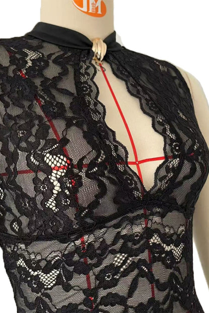 Vestidos sexis de encaje con abertura y cuello redondo, falda de un solo paso