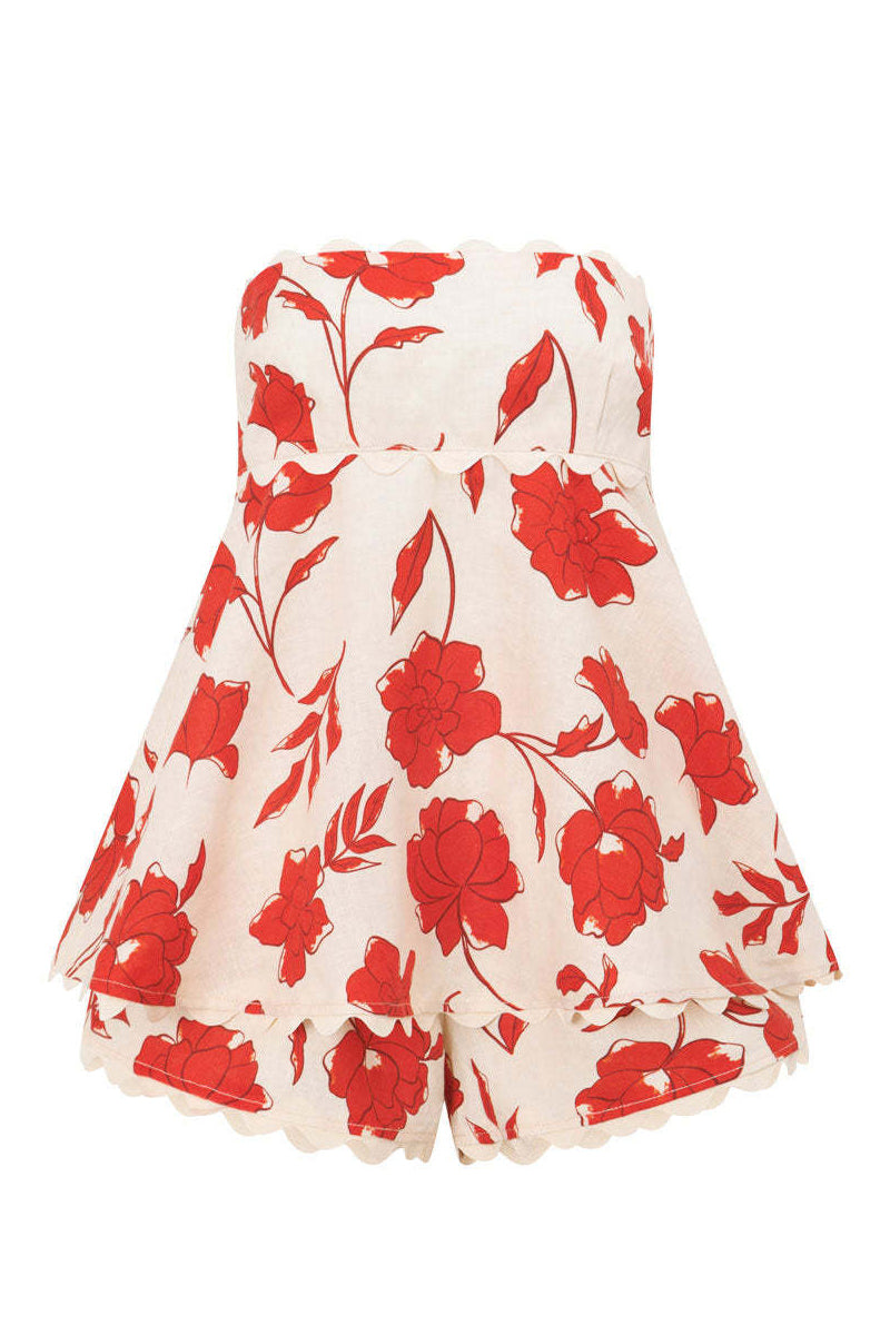 Conjunto de dos piezas informal con estampado floral, sin tirantes y sin mangas, con patchwork y contraste