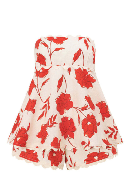 Conjunto de dos piezas informal con estampado floral, sin tirantes y sin mangas, con patchwork y contraste