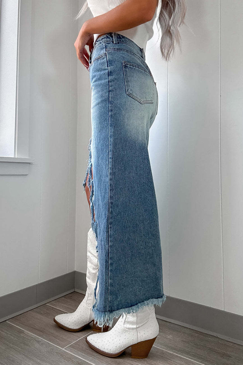 Pantalones de talle alto con borlas irregulares y desgastados de estilo urbano