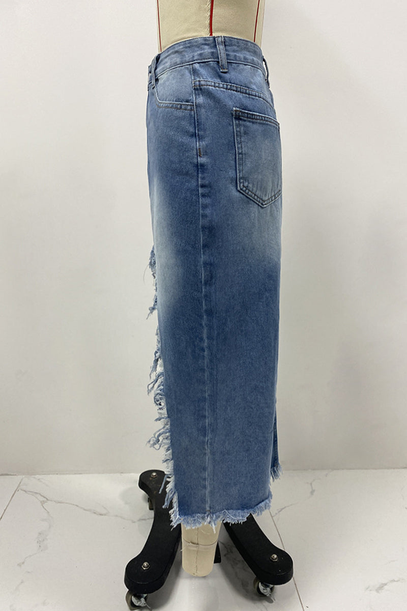 Pantalones de talle alto con borlas irregulares y desgastados de estilo urbano