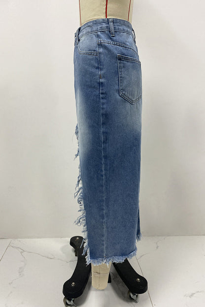 Pantalones de talle alto con borlas irregulares y desgastados de estilo urbano