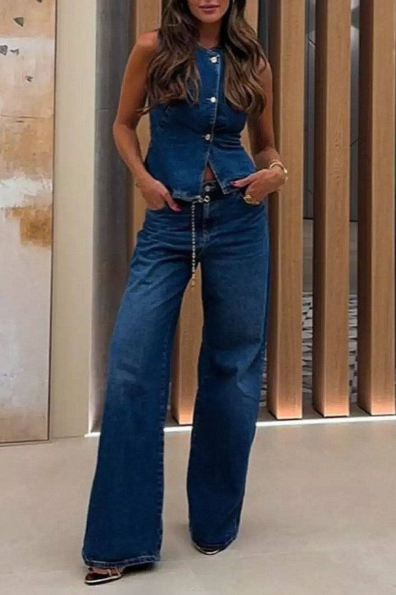 Conjunto casual de dos piezas con botones y cuello redondo sin mangas