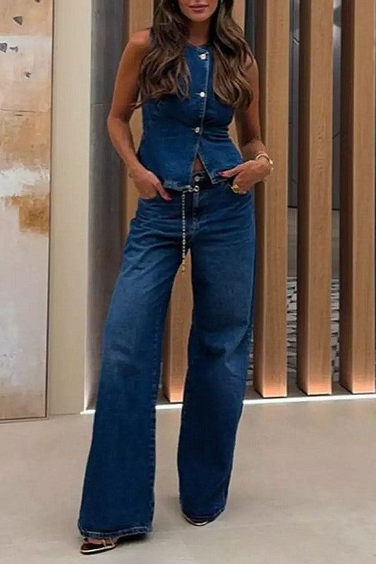 Conjunto casual de dos piezas con botones y cuello redondo sin mangas