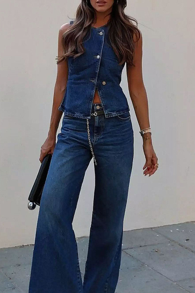 Conjunto casual de dos piezas con botones y cuello redondo sin mangas