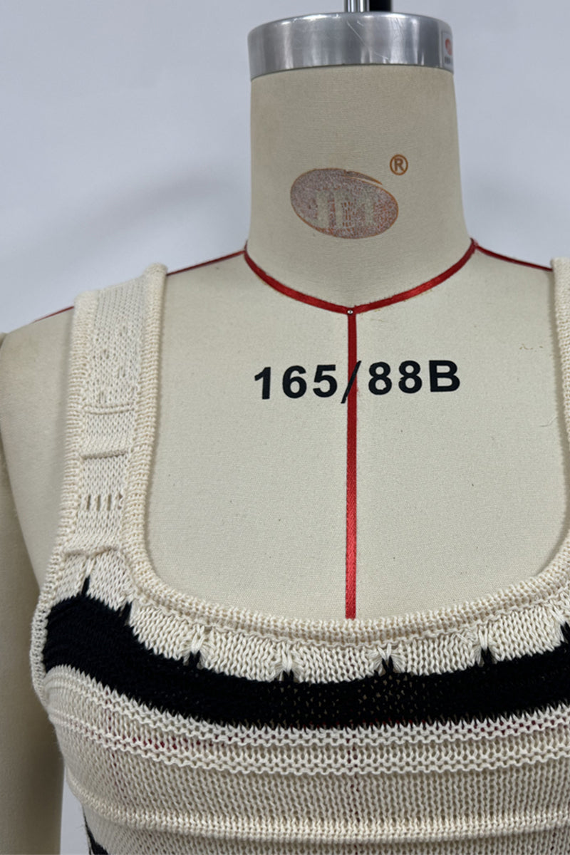 Vestidos sexis de falda de un solo paso con escote en U y tejido de rayas en contraste