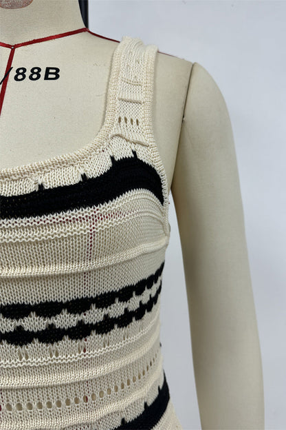Vestidos sexis de falda de un solo paso con escote en U y tejido de rayas en contraste
