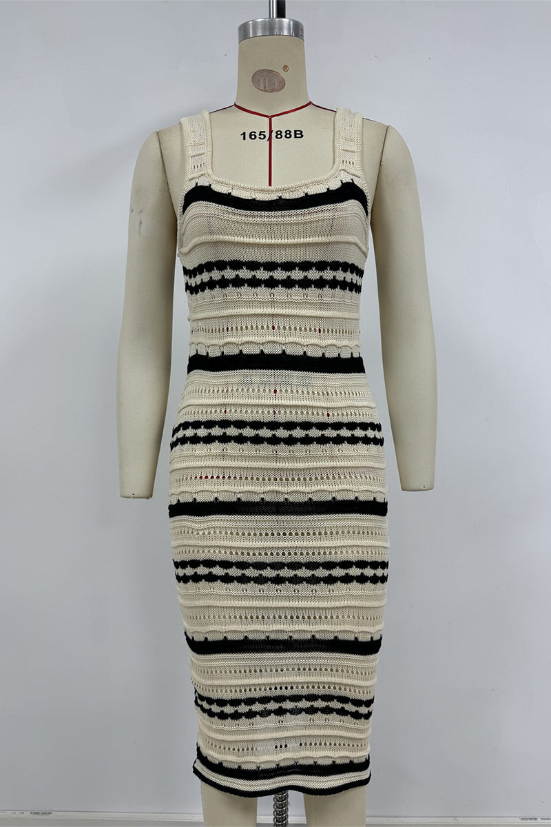 Vestidos sexis de falda de un solo paso con escote en U y tejido de rayas en contraste