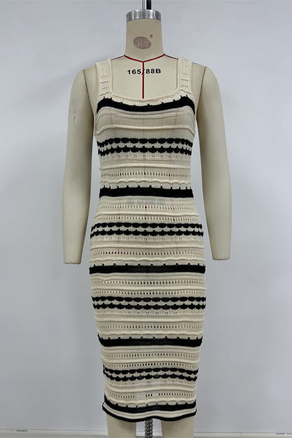 Vestidos sexis de falda de un solo paso con escote en U y tejido de rayas en contraste