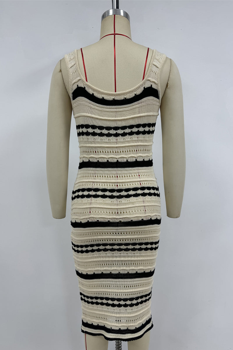 Vestidos sexis de falda de un solo paso con escote en U y tejido de rayas en contraste