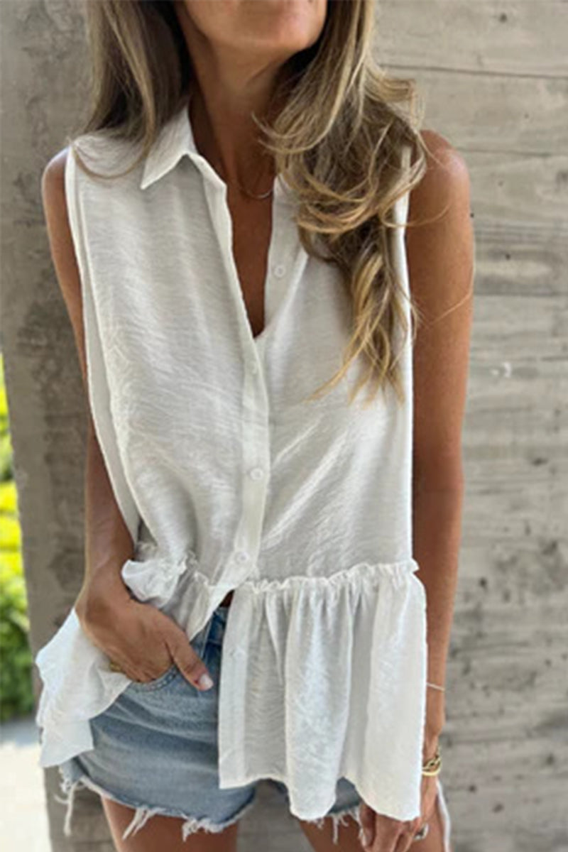 Blusa informal con botones, volantes plisados y cuello vuelto (3 colores)