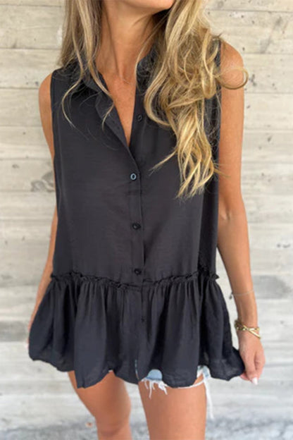 Blusa informal con botones, volantes plisados y cuello vuelto (3 colores)