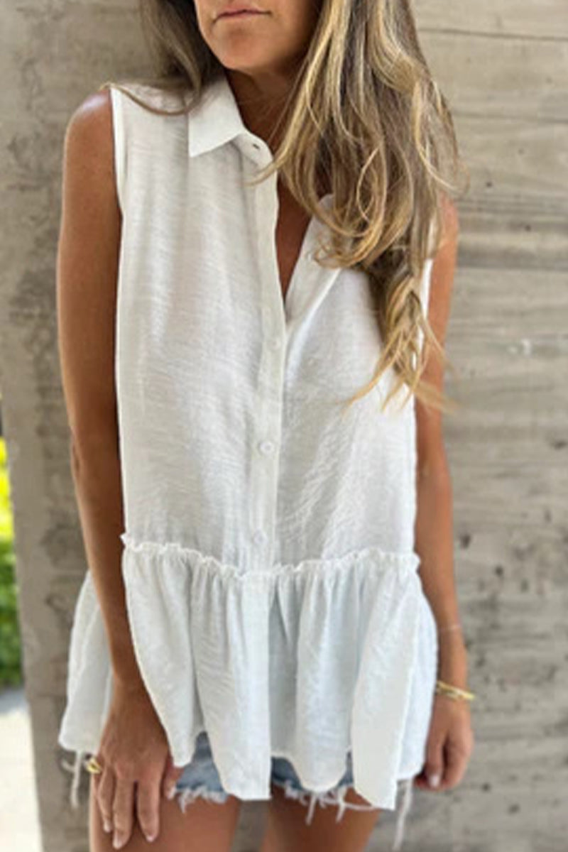 Blusa informal con botones, volantes plisados y cuello vuelto (3 colores)