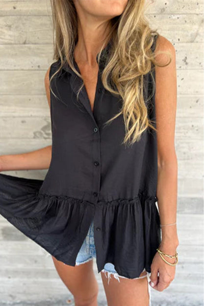 Blusa informal con botones, volantes plisados y cuello vuelto (3 colores)